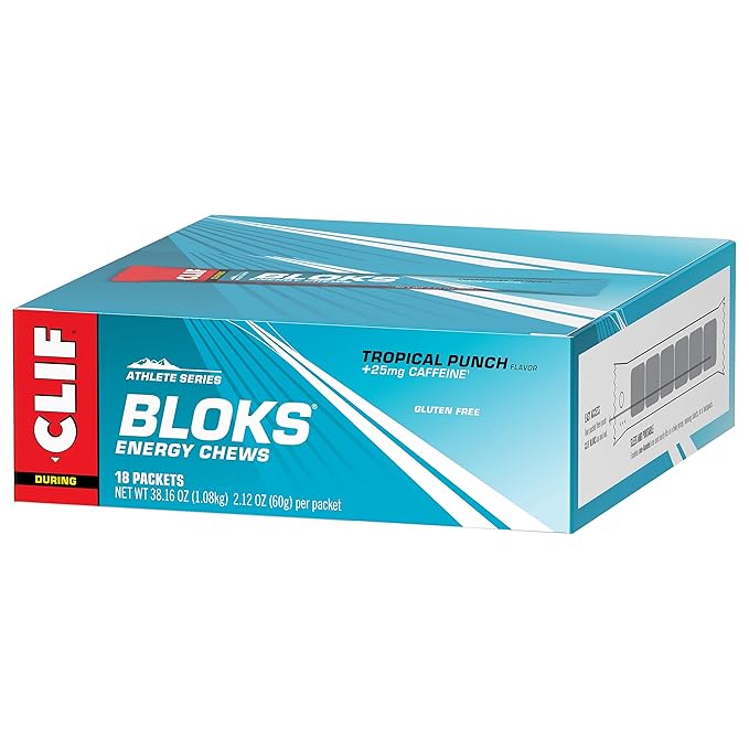 CLIF BLOKS - Tropical Punch Flavor with Caffeine - Energy Chews - Non-GMO - Plant Based - Fast Fuel for Cycling and Running - Quick Carbohydrates and Electrolytes - 2.12 oz. (18 Count)