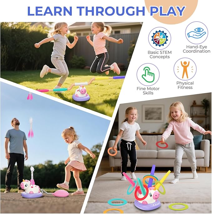 3-in-1 Outdoor Toys for Kids Ages 3-8, Unicorn Rocket Launcher, Ring Toss & Musical Jump - Backyard Indoor Active Play Set for Boys Girls, STEM Learning Toys Birthday Gift for 3 4 5 6 7 8 Years Old