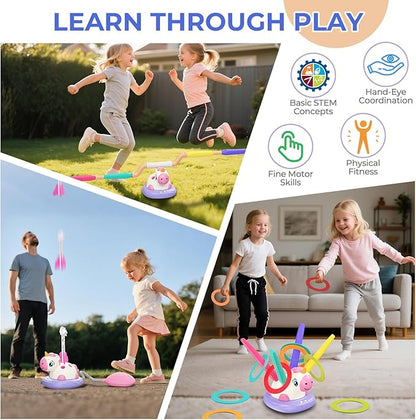 3-in-1 Outdoor Toys for Kids Ages 3-8, Unicorn Rocket Launcher, Ring Toss & Musical Jump - Backyard Indoor Active Play Set for Boys Girls, STEM Learning Toys Birthday Gift for 3 4 5 6 7 8 Years Old