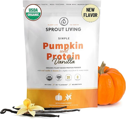 Sprout Living Organic Pumpkin Seed Protein Powder, Vanilla Flavor, 20 Grams of Plant Based Organic Protein Powder Without Sweeteners, Non-GMO, Dairy Free, Vegan, Gluten Free (1 Pound, 13 Servings)
