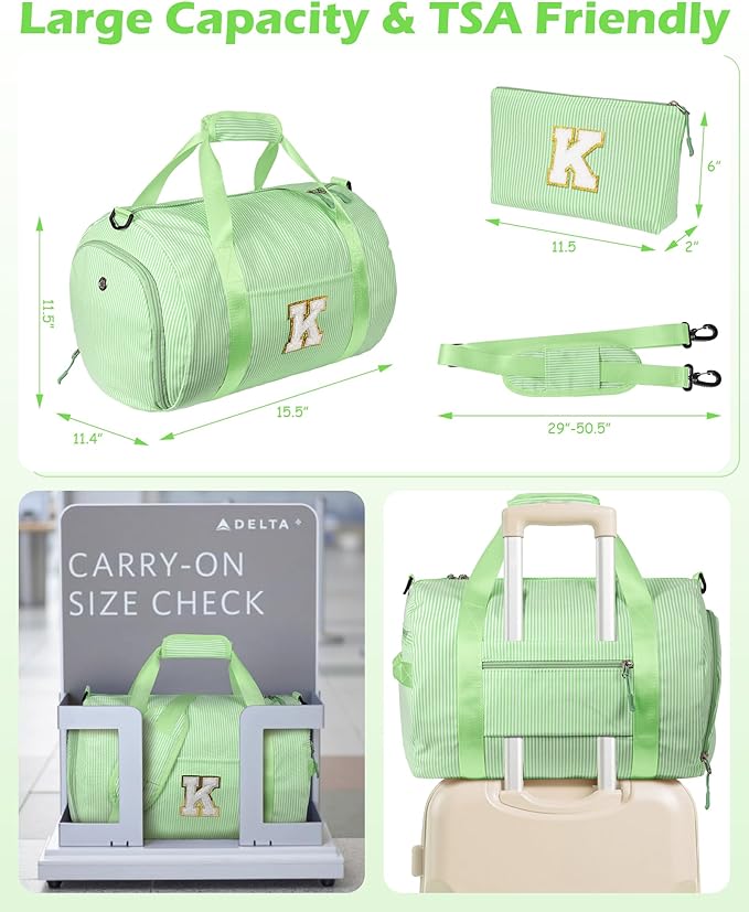 Dance Recital Gifts for Girls, Girl Gym Bag, Kids Monogram Overnight Duffel Bags with Shoe Compartment, Personalized Travel Bag with Makeup Pouch, Cheer Stuff for Granddaughter (Letter T)
