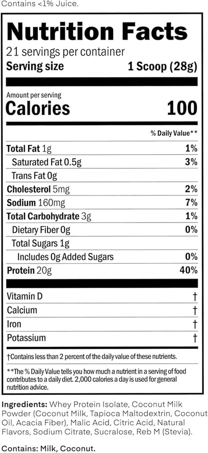 Clear Whey Isolate Protein Powder, Coconut Colada, 20g Complete Protein per Serving, No Added Sugar, Grass-Fed, 21 Servings