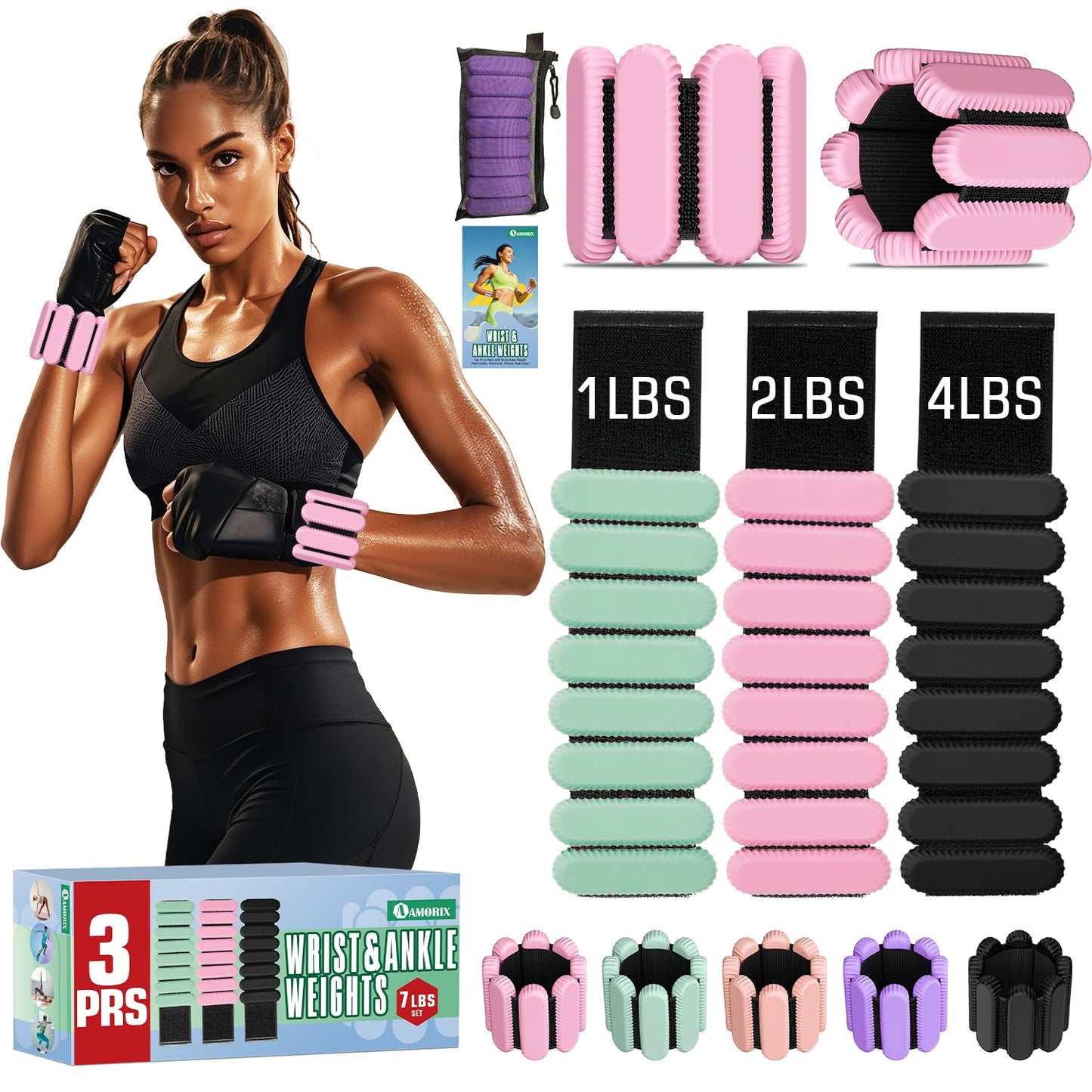 AMORIX Ankle Weights for Women Men 3 Pairs (Total 7lbs) Wrist Weights