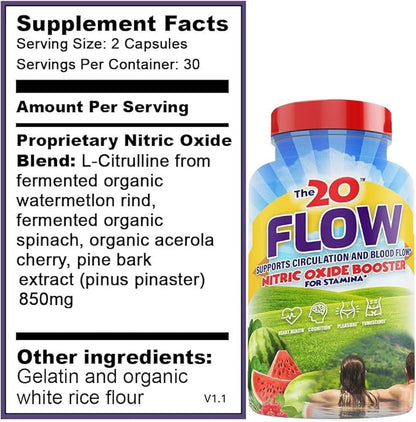 The20: Flow - Nitric Oxide Supplement - 60 Capsules - L-Citrulline from Organic Watermelon, Organic Spinach, and Organic Acerola Cherries - for Heart, Brain, and Overall Health - No Gluten
