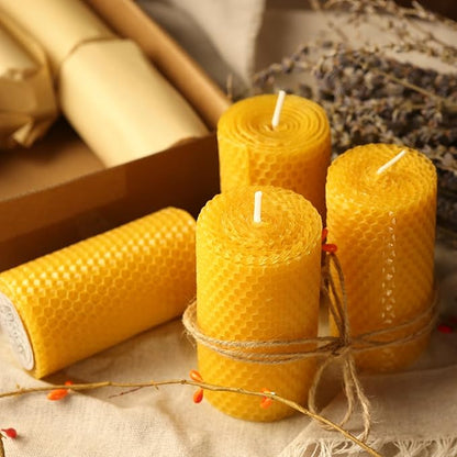 6 Pack Natural Beeswax Pillar Candles,Handmade Pure Beeswax Rolled Candles-120 Hours Long Burning,Honeycomb Bees Wax Candle for Home, Prayer,Dripless Smokeless Unscented Pillar Candle 2x4in