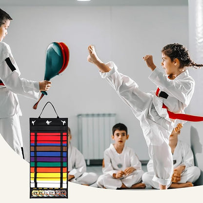 12 Belts Karate Belt Display Rack with PVC Medal Storage, Felt Taekwondo Belt Display Holder, Felt Martial Arts Belt Rack Present for Martial Art Learner & Students (Stud Included)