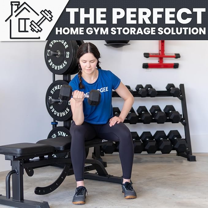 Synergee Dumbbell Rack for Home Gym – 3 Tier Adjustable Weight Rack for Dumbbells – Space-Saving Storage Shelf – Available in 38" or 46" – Heavy Duty Steel Frame – Easy Assembly