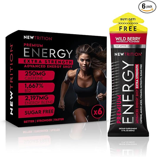 NewTrition® Extra Strength Energy Shots, 250mg Caffeine Energy Shots with Vitamin B & Amino Acids, Sugar-Free Vitamin Energy Shot, 1.7 fl oz (Pack of 6, Wild Berry)