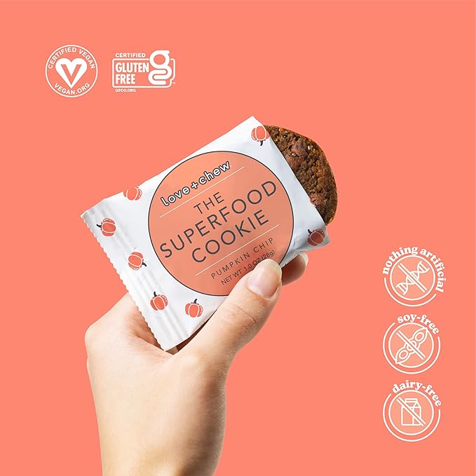Love + Chew, Pumpkin Chip Minis - 18 Count - Tasty Gluten Free Cookies - Vegan - Healthy, Paleo, Non GMO Snacks - Individually Wrapped, Soft Baked Cookies - Made from High Protein Almonds