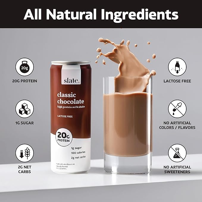 Slate Milk - High Protein Milk Shake - Classic Chocolate - Lactose Free, 20g Protein, 1g Sugar, 100 Calories, 2g Net Carbs, No Added Sugar - Natural, Breakfast Boost, Post Workout - 11 fl oz, 48 Cans