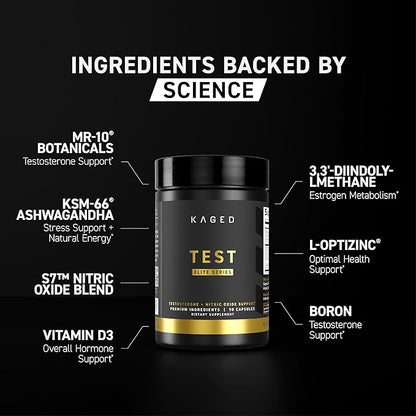 Kaged Test Elite Capsules | Unflavored | Testosterone Booster Ferodrox | Premium Hormone Managment | MR-10, KSM-66 Ashwagandha, S7 Nitric Oxide Booster | Supplements for Men & Women | 30 Servings