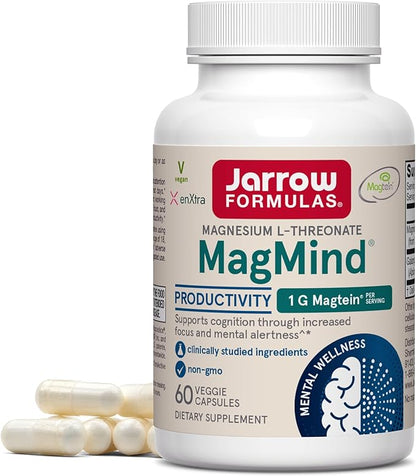 Jarrow Formulas Magnesium L-Threonate, MagMind Productivity, High Absorption Magnesium, Brain Supplements for Memory and Focus, 60 Veggie Capsules, Up to a 30 Day Supply