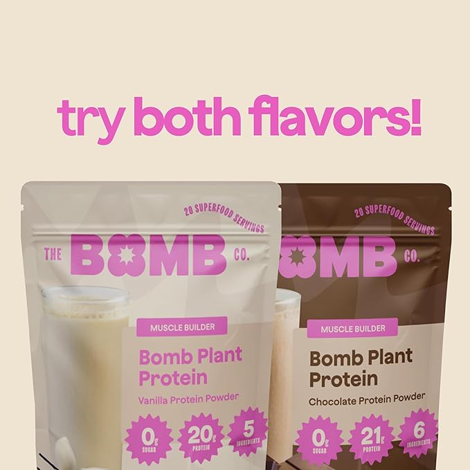 The Bomb Co. Bomb Plant Protein, Protein Powder with 20g Protein, Amino Acids, Zero Sugar, Pea Protein, Chia Seeds, Pumpkin Seeds, Vanilla & Monk Fruit, Gluten Free, Vanilla Flavor, 20 Srvgs