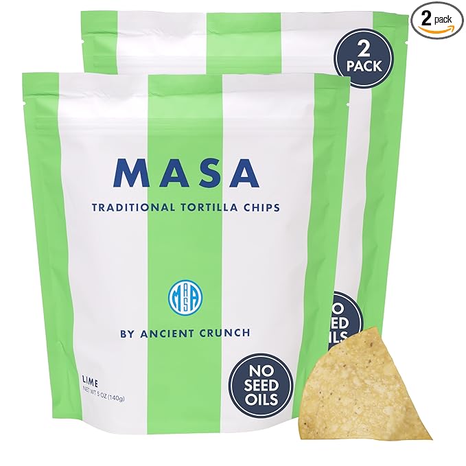 MASA Chips - Lime Flavored Tortilla Chips, Handmade Corn Chips & Crisps - Naturally Grown White Corn, Made with Grass Fed Tallow & Sea Salt - 2 Pack, 5 Ounce Each