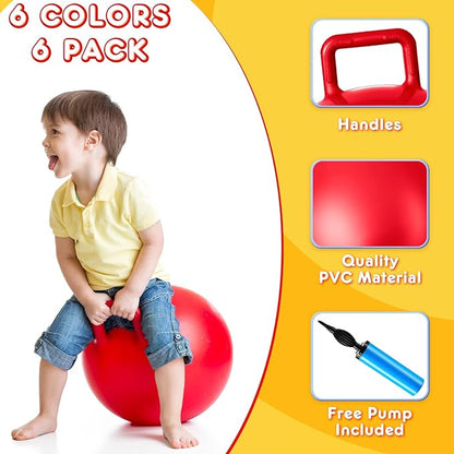 Lewtemi 6 Pcs Hopper Ball Carnival Outdoor Games 15 Inch Jumping Hopping Inflatable Bouncing Ball with Handle and Air Pump for Kids Sport Exercise (Red, Blue, Green, Pink, Yellow, Purple)