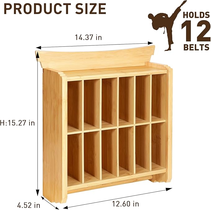 Tilhumt 12 Belts Karate Belt Display Rack with Trophy and Medal Display Rack, Taekwondo Belt Display Rack with Stickers, Martial Arts Belt Display for Kids and Adults