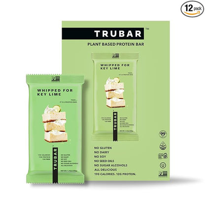 TRUBAR Vegan Protein Bar, Whipped for Key Lime, Gluten Free, Plant Based, High Fiber, Dairy Free, Low Fat, Non GMO, No Sugar Alcohols, 12G Lean Protein, 13G Fiber, Healthy Snack Bars, 12 CT