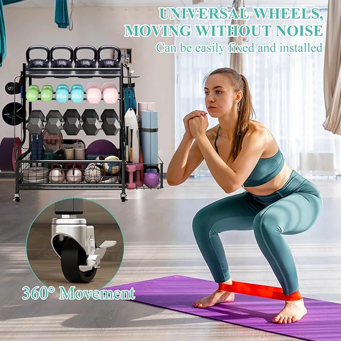 Dumbbell Rack, Weight Rack for Kettlebells, Storage Holder for Yoga and Workout Equipment, Home Gym Storage Rack with Wheels,Hooks and Mesh Top