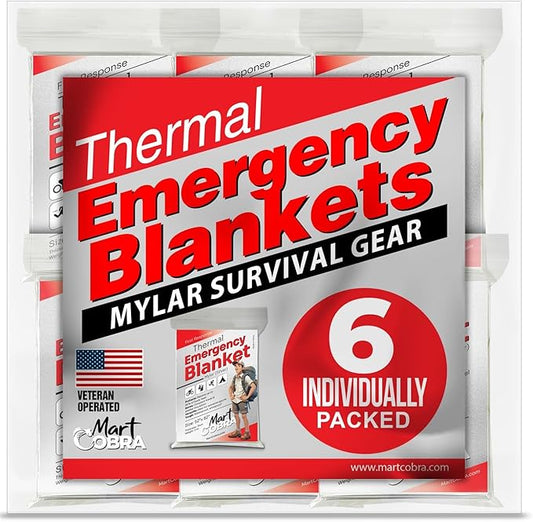 Emergency Blankets for Survival Gear and Equipment x6, Space Blanket, Mylar Blankets, Thermal