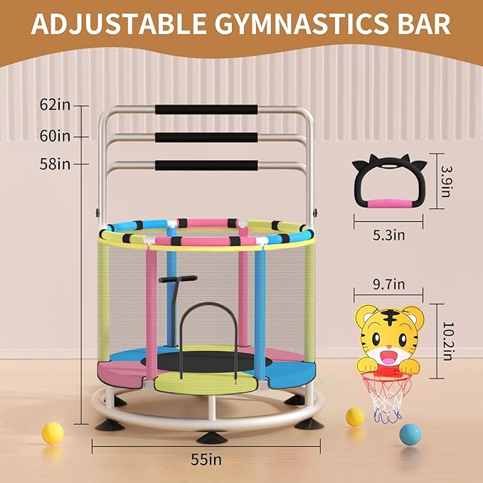 Trampoline for Kids, Adjustable Baby Toddler Trampoline with Basketball Hoop, Round Bottom Indoor Outdoor Toddler with Enclosure