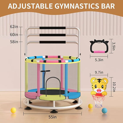 Trampoline for Kids, Adjustable Baby Toddler Trampoline with Basketball Hoop, Round Bottom Indoor Outdoor Toddler with Enclosure