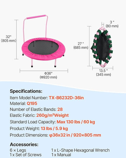 VEVOR 3FT Trampoline 36" Indoor/Outdoor for Toddlers, Foldable Mini Baby With Foam Handle, Recreational Birthday Gift