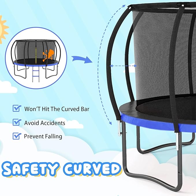 Trampoline 12FT 14FT 15FT 16FT for Kids/Adults - Outdoor Recreational with Enclosure Net Curved Poles and Ladder, Heavy Duty Anti-Rust Coating, ASTM Approval