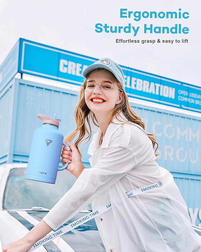 64 oz Insulated Water Bottle with Straw and Lid, Half Gallon Stainless Steel Cup with Handle,Leakproof Metal Travel Jug Flask Mug Tumbler Cup With Carry Pouch and Brush,Keep Cold & Hot,Blue