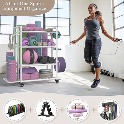 4-Tier Dumbbell Rack Stand Only, Adjustable Weight Rack for Dumbbells Kettlebells Yoga Mat, Home Gym Storage Rack with Wheels and Hooks, Powder Coated Finish