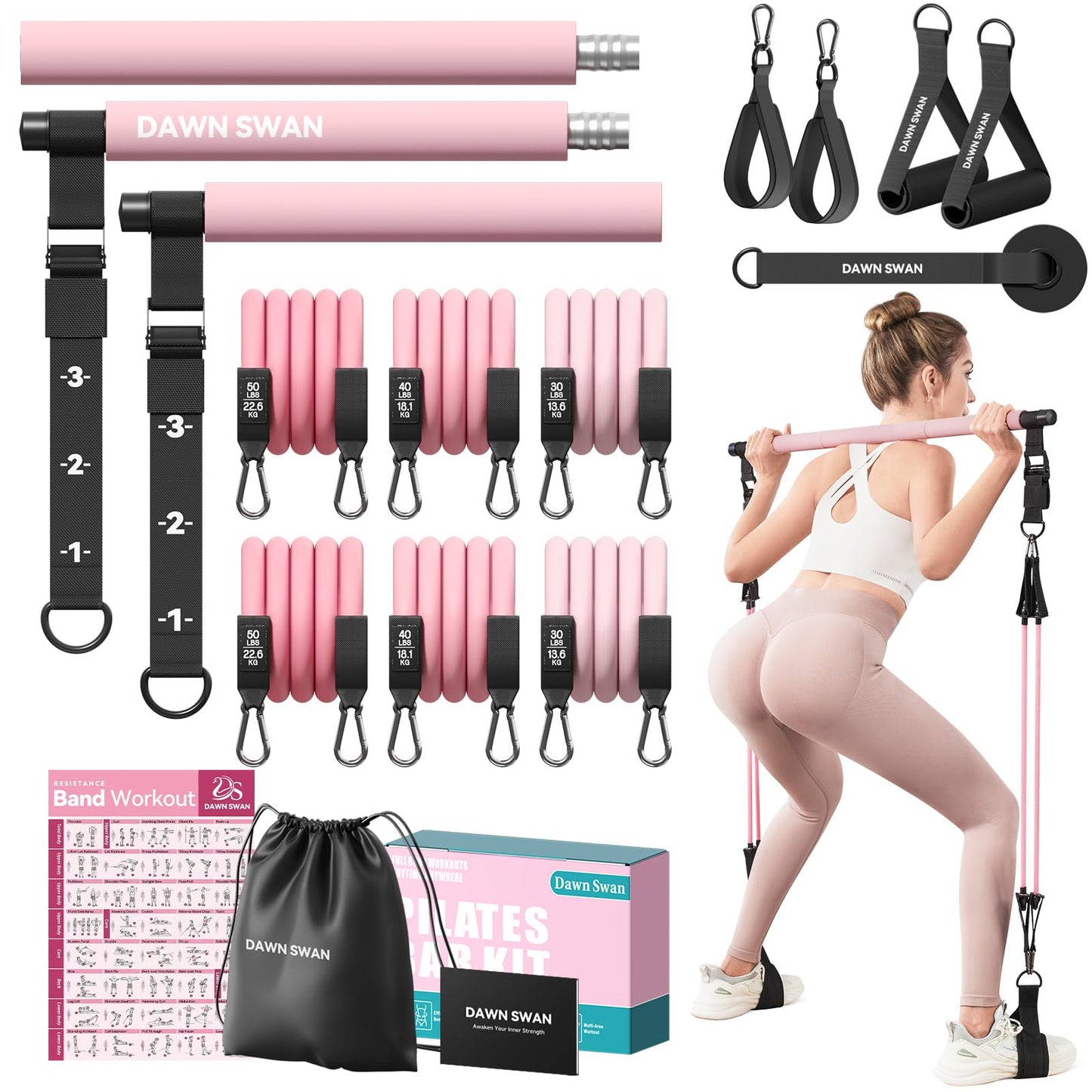DAWN SWAN Pilates Bar Kit with Resistance Bands – Adjustable Home Gym Workout Equipment for Women &