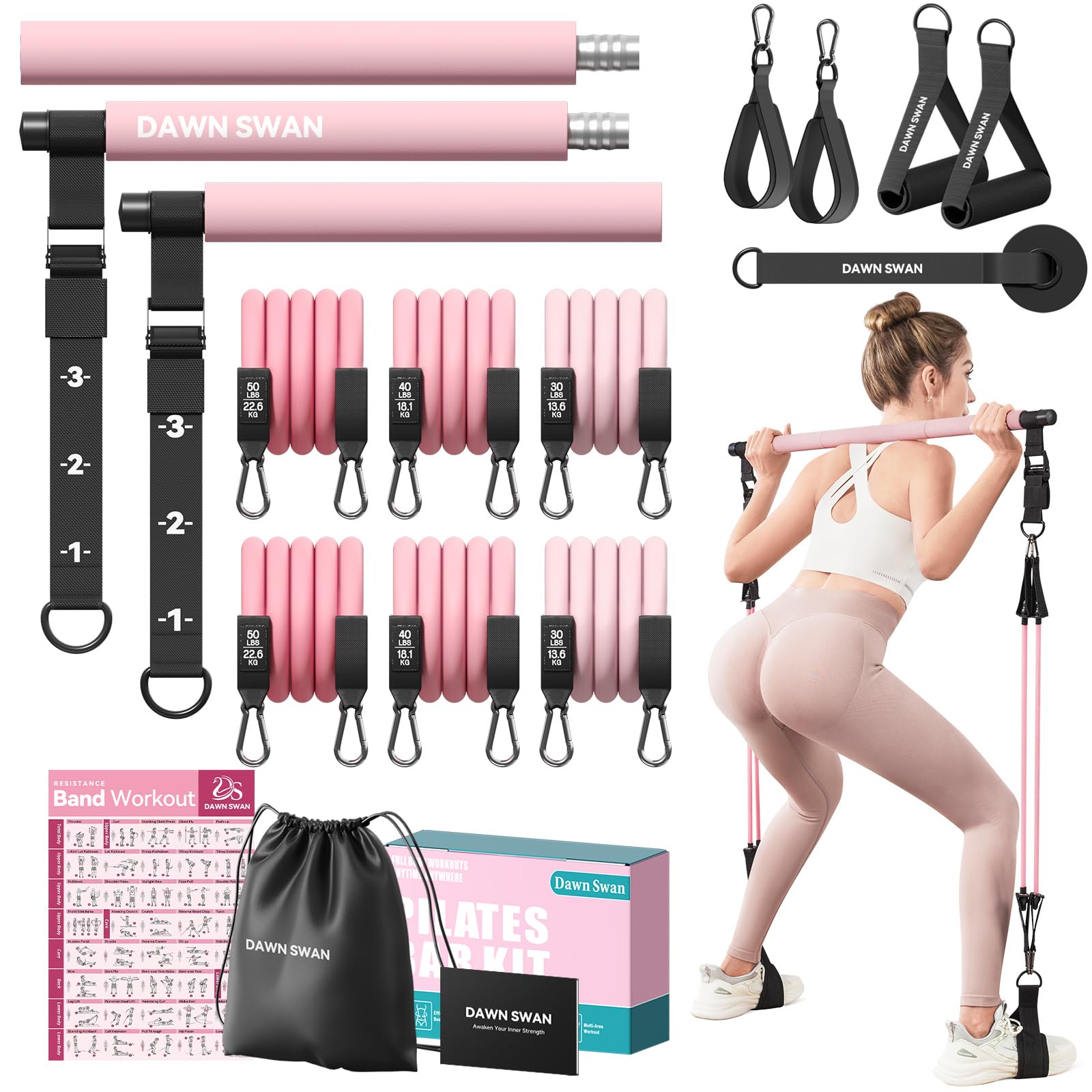 DAWN SWAN Pilates Bar Kit with Resistance Bands – Adjustable Home Gym Workout Equipment for Women &