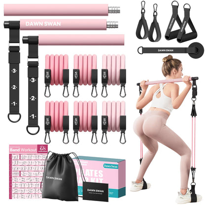 DAWN SWAN Pilates Bar Kit with Resistance Bands – Adjustable Home Gym Workout Equipment for Women &