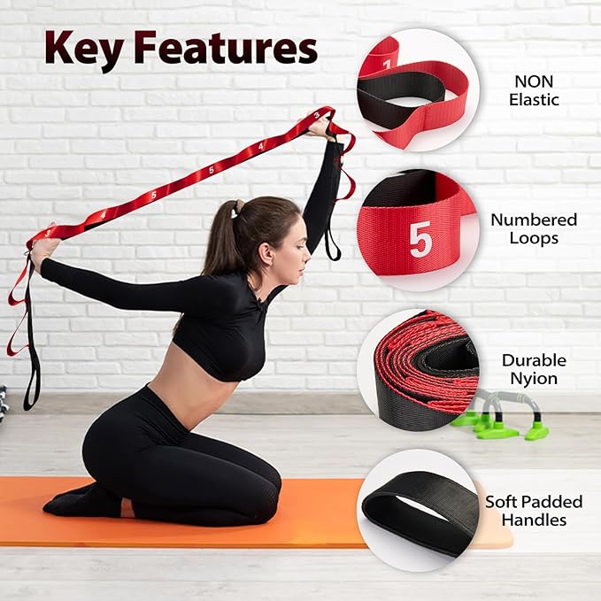 Stretching Strap with 10 Loops-Yoga Strap for Physical Therapy,Home Workout,Pilate & Flexibility Training,Non Elastic Exercise Stretch Band for Hamstring,Leg Stretcher Belt,Flexibility Fascia