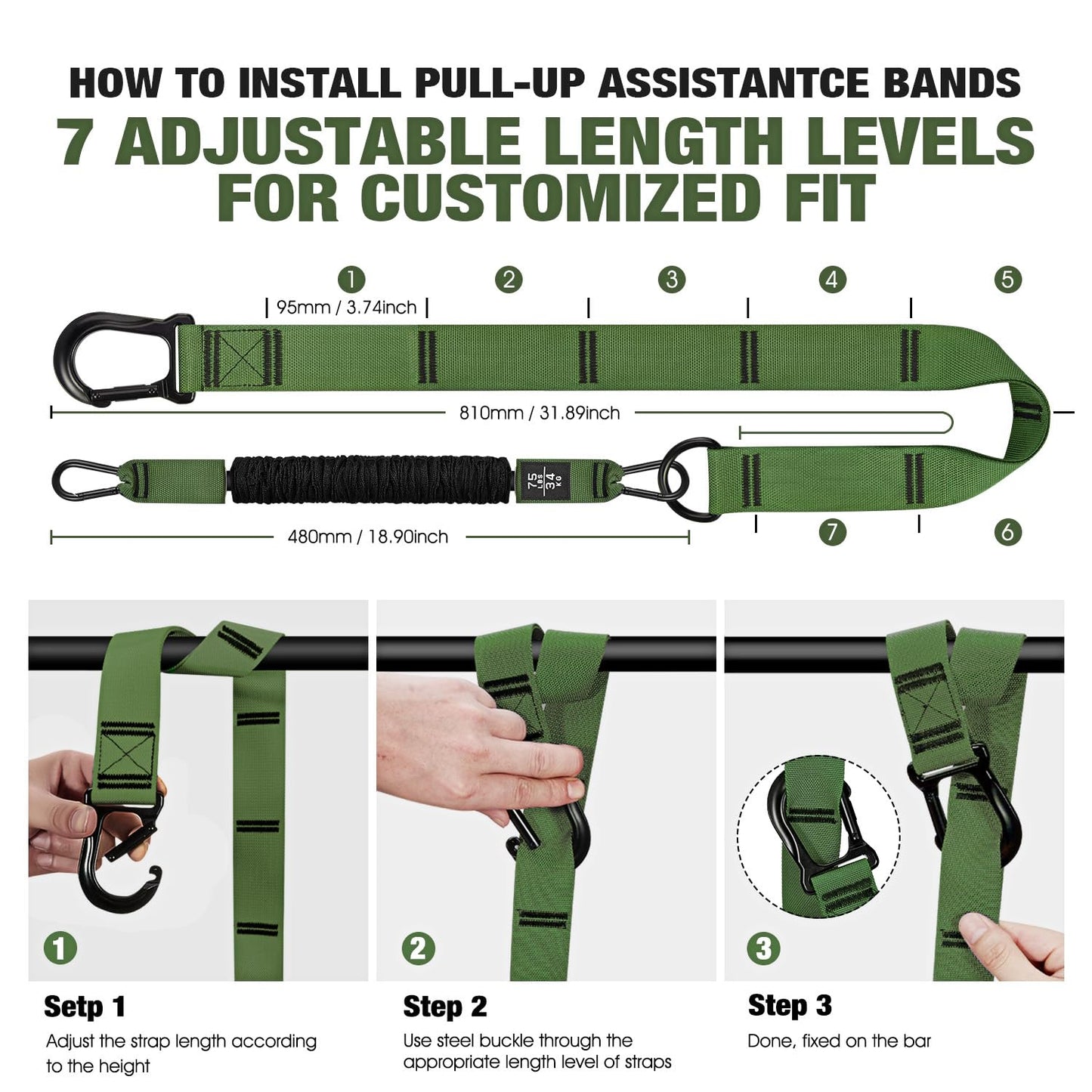 KUTIZE Pull Up Assistance Bands, 3 Adjustable Heavy Duty Pull Up Assist System with Comfortable
