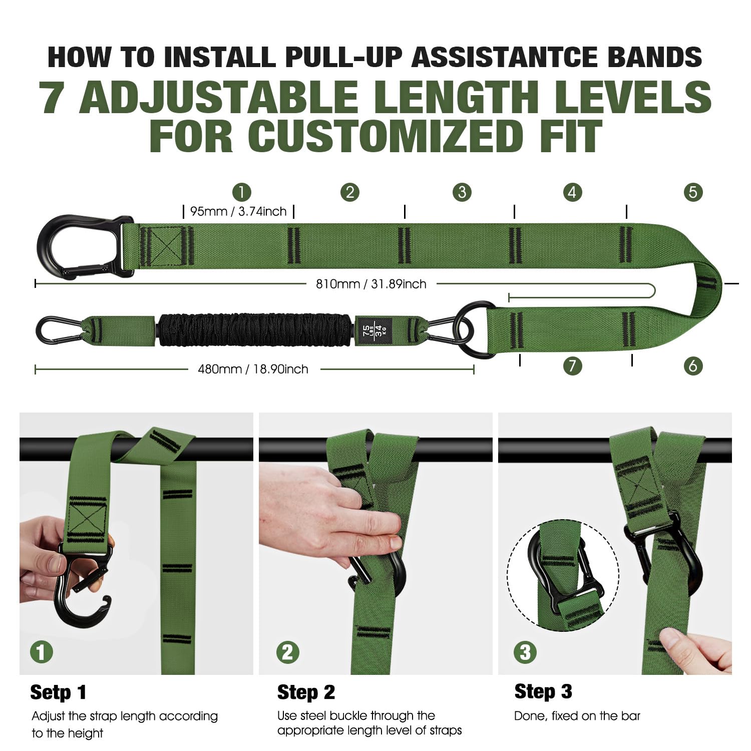 KUTIZE Pull Up Assistance Bands, 3 Adjustable Heavy Duty Pull Up Assist System with Comfortable