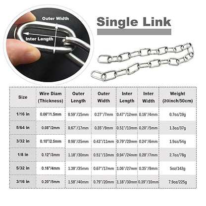 1/8 inch(3mm) Wire Diameter Stainless Steel Safety Chains 40 inch Long Link Rings Light Duty Coil Chain for Hanging Pulling Towing, 1/8"x 40" (2Pcs)