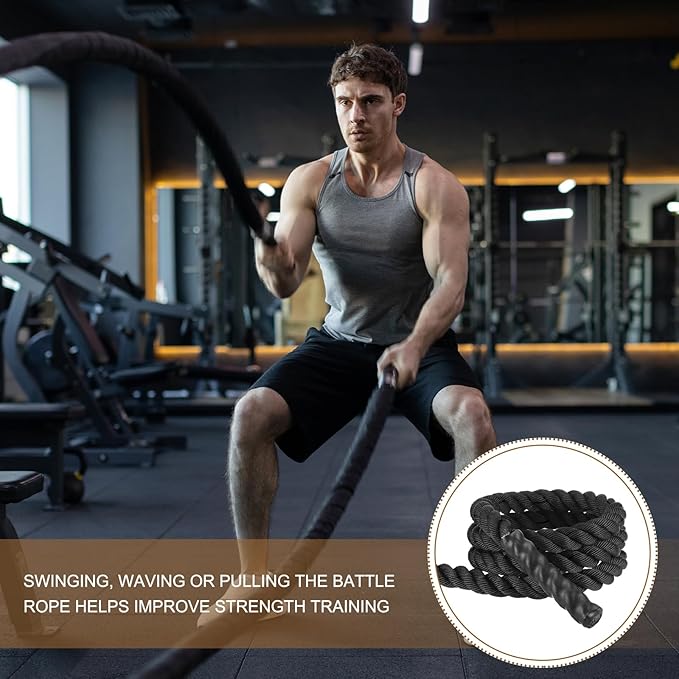 MECCANIXITY Battle Rope 10ft x 1.5 Inch Polyester Workout Rope Heavy Fitness Exercise Rope for Strength Training Home Gym Muscle Building, Black