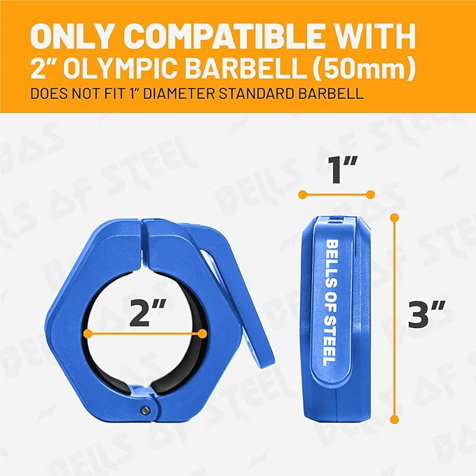 Magnetic Barbell Collars [Bells of Steel] Premium Weight Bar Clamps, Quick Release Barbell Clips, Olympic Barbell Clamps, High Strength Nylon Gym Clips, Pair, Blue