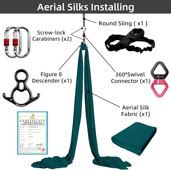 PRIOR FITNESS Aerial Silks Set, Professional Thicker Low Stretch Fabric 9/15/20 Yards Aerial Silk Swing Set with Hardware Guide, Yoga Starter Kit For Home, Aerial Yoga Hammock, Silks for Gymnastics, Antigravity Yoga, Inversion Exercise-All Levels