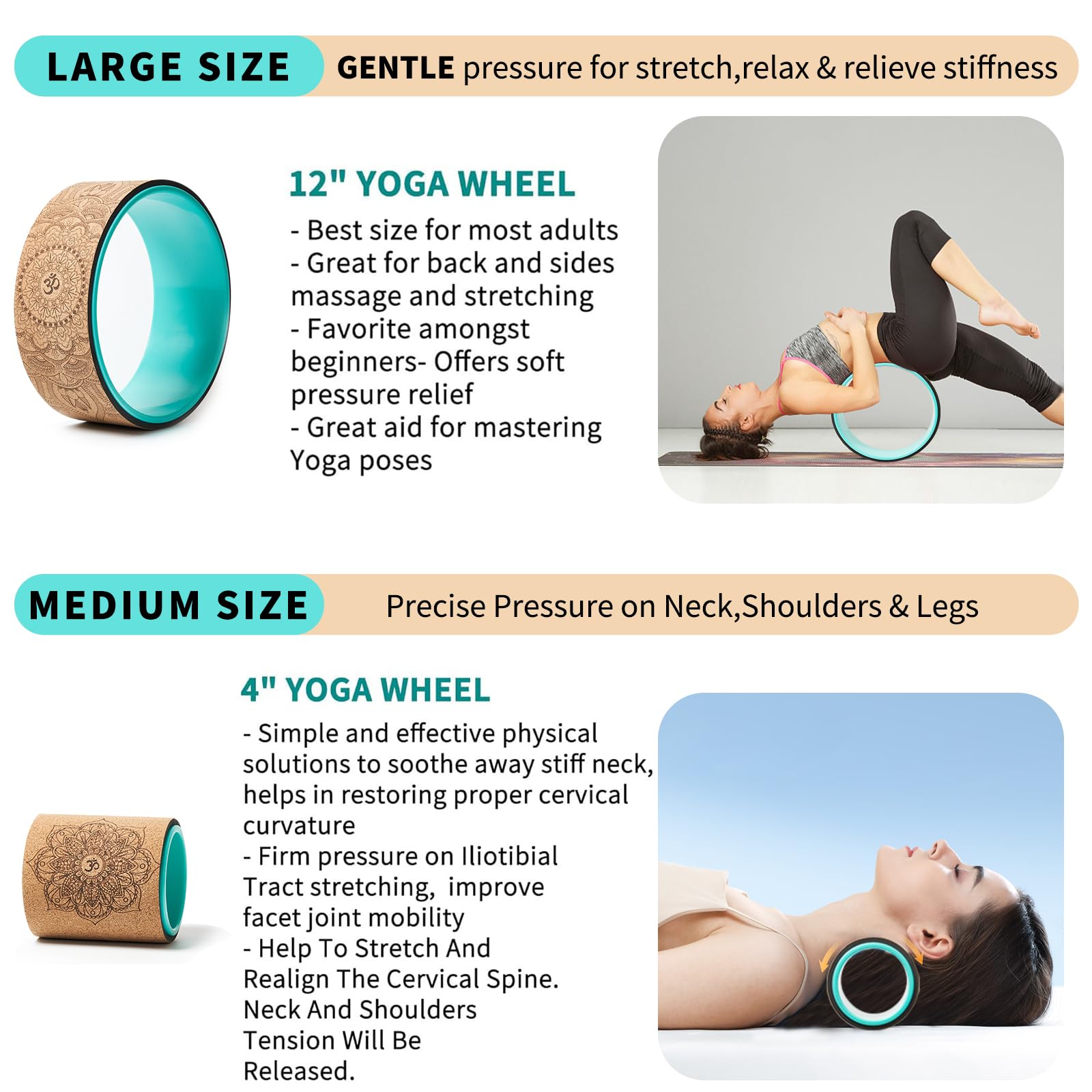 Cork Roller, Yoga Wheel, Upgraded Back Wheels for Pain Relief & Stretching