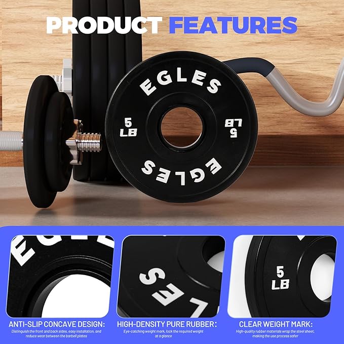 Egles Change Plates Set 1.25LB, 2.5LB, 5LB - Rubber-Coated Weight Plates in Pairs, Olympic Bumper Plates, Color-Coded, IWF Standard, Fit 2-Inch Barbells Strength Training Weight Plates Gym & Fitness