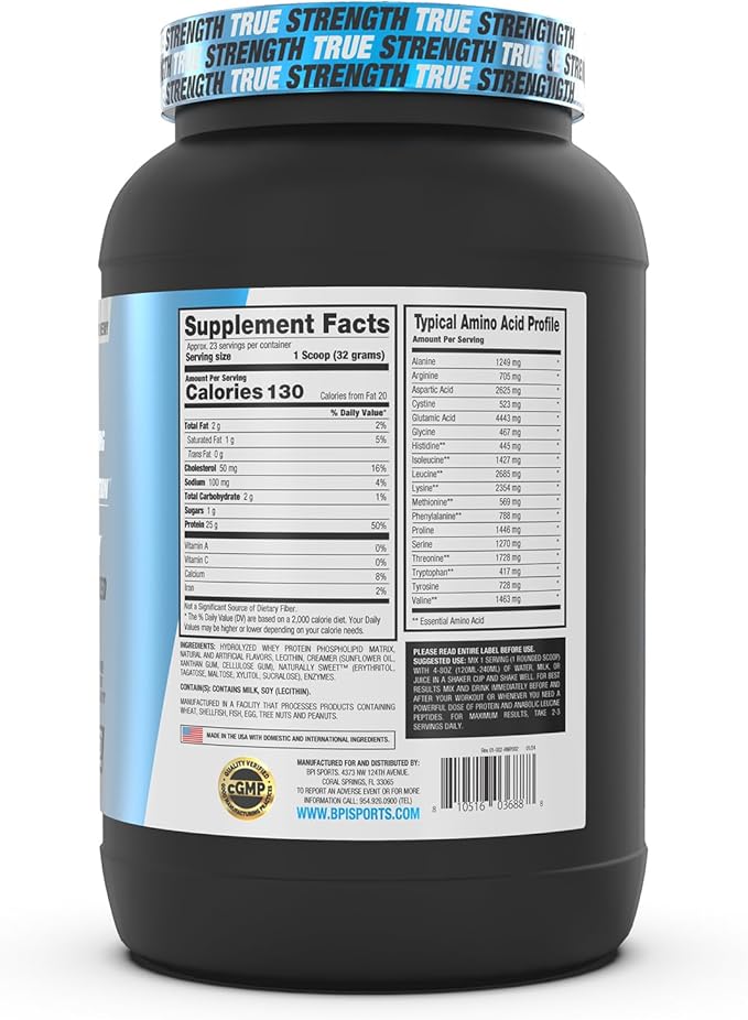 BPI Sports Hydro HD - 100% Hydrolyzed Whey Protein Powder - Muscle Growth, Recovery, 25g of Hydrolyzed Protein, Low Carb, Low Sugar, Fast Absorbing (23 Servings, Vanilla Ice Cream)