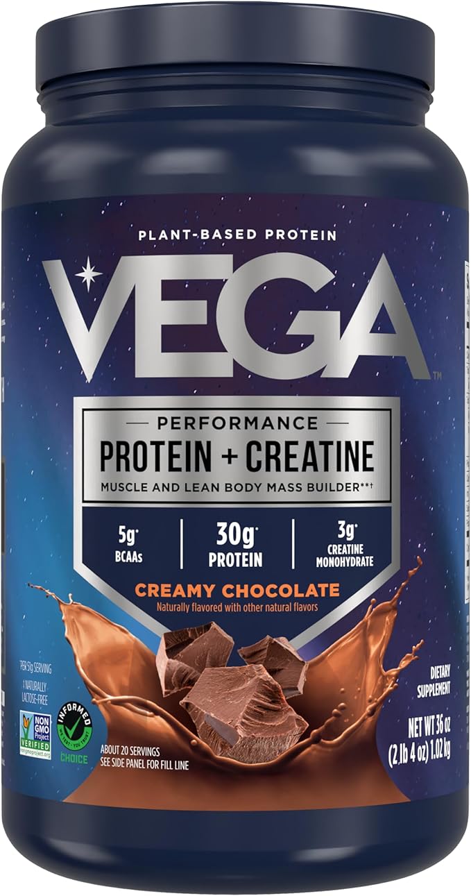 Vega Protein + Creatine - 30g Plant-Based Protein, Chocolate, 20 Servings, 3g Creatine, 5g BCAAs, Vegan, Keto, Gluten Free, Dairy Free, Low Carb, for Muscle Growth & Repair, Drink Mix, 36oz