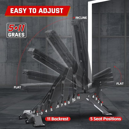 Adjustable Weight Bench with 1400LB Capacity for Home Gym,Heavy Duty Bench,Adjustable Foldable Decline Bench Press, Incline Flat Sit-Ups - Best Home Workout Equipment with Wheels,Black