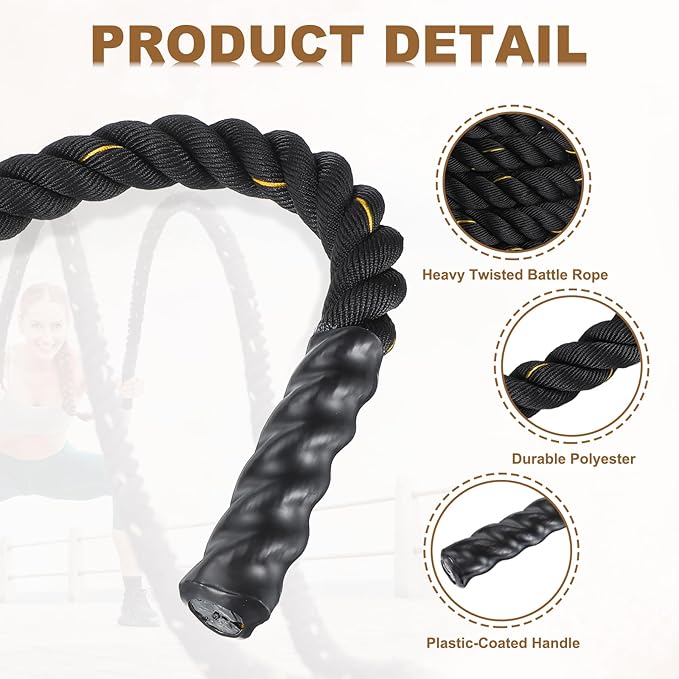 MECCANIXITY Battle Rope 10ft x 2 Inch Polyester Workout Rope Heavy Fitness Exercise Rope for Strength Training Home Gym Muscle Building, Black Yellow