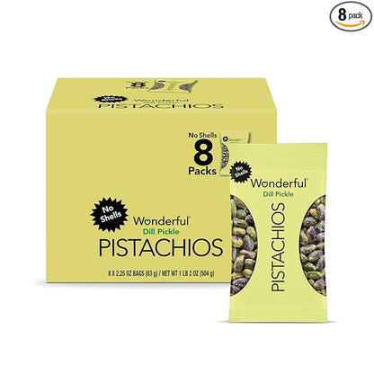Wonderful Pistachios No Shells, Dill Pickle Flavored Nuts, 2.25 Ounce Bag (Pack of 8), Protein Snacks, Healthy Snack, Travel Snacks