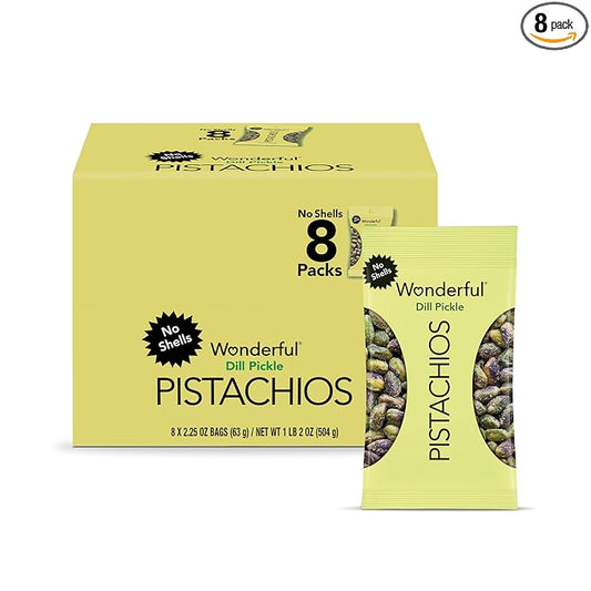 Wonderful Pistachios No Shells, Dill Pickle Flavored Nuts, 2.25 Ounce Bag (Pack of 8), Protein
