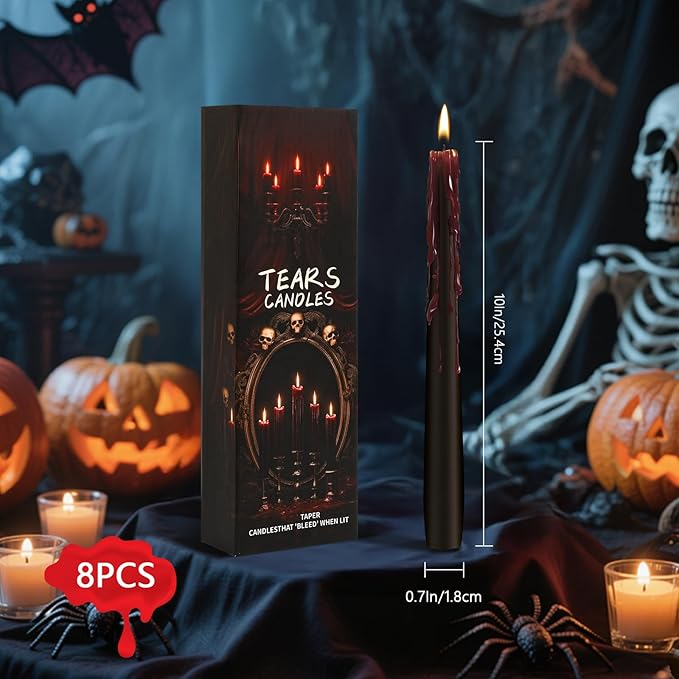 8 Pack Halloween Bleeding Candles, Black Vampire Tears Taper Candles Spooky Blood Drip Candles Set for Halloween Party Gothic Home Vampire Theme Rituals Decoration