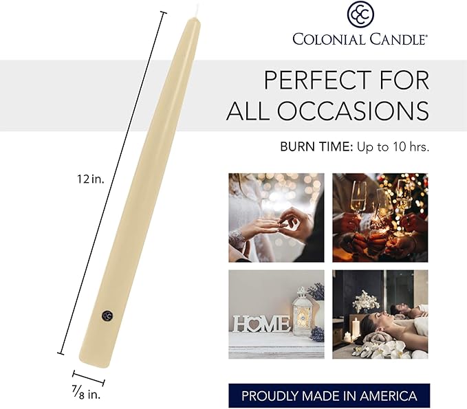 Colonial Candle Unscented Taper Candle, Handipt Collection, Limoncello, 12 in, Pack of 12 - Up to 10 Hours Burn