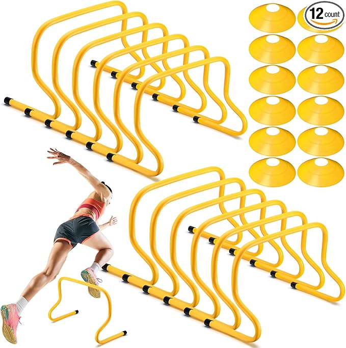 12 Pcs 12 Inch Agility Hurdles Training Equipment Agility Hurdles and Marker Cone Set Disc Cones Speed and Training Obstacle for Athletes Sports Soccer Football Tennis Basketball